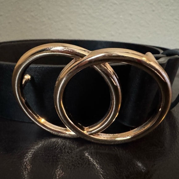 Accessories - Elegant Black Faux-Leather 1.25” Belt with Gold Tone Buckle